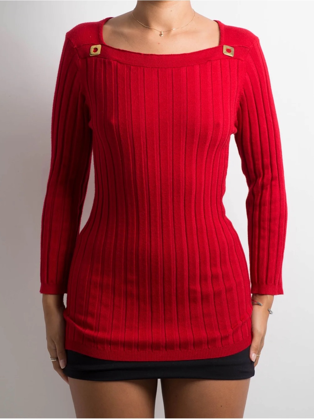 Red Ribbed Square-Neck Sweater with Button Detail
